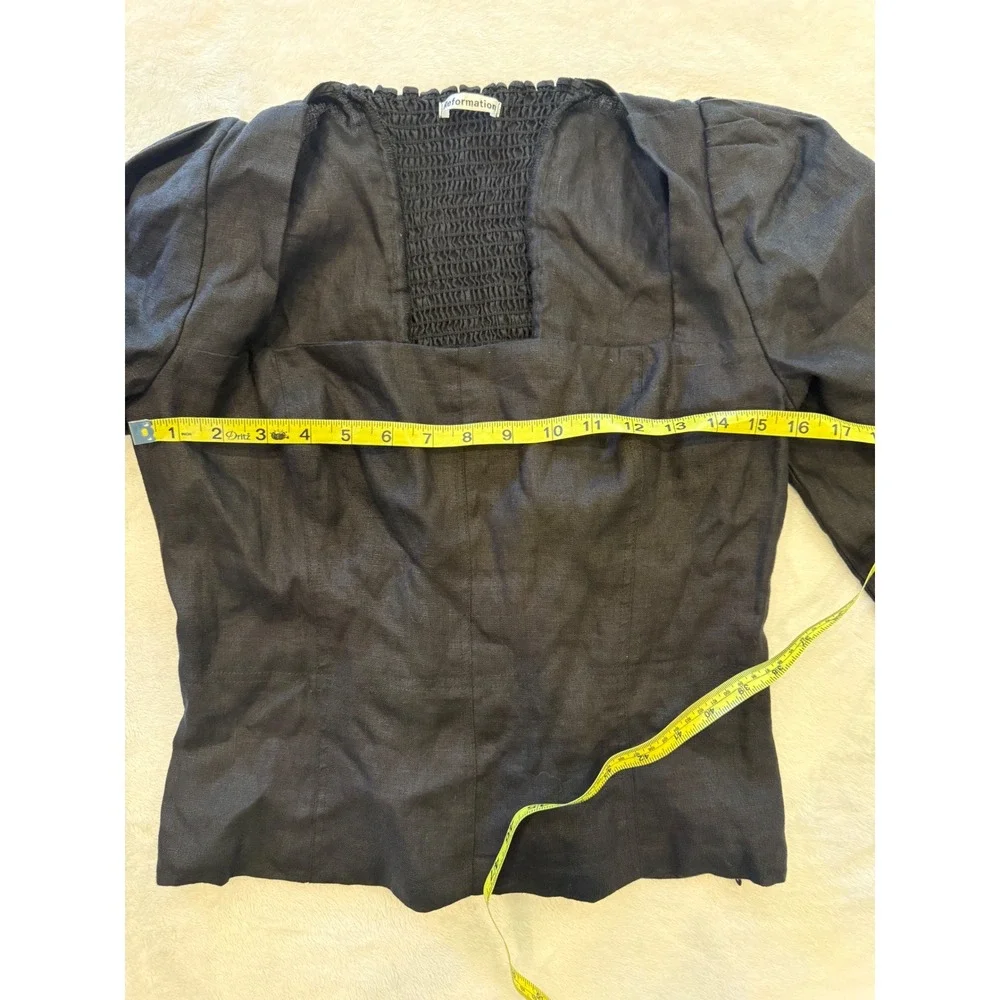 Reformation Black Linen Smocked Back‎ Square Neck Puff Sleeve Blouse Top